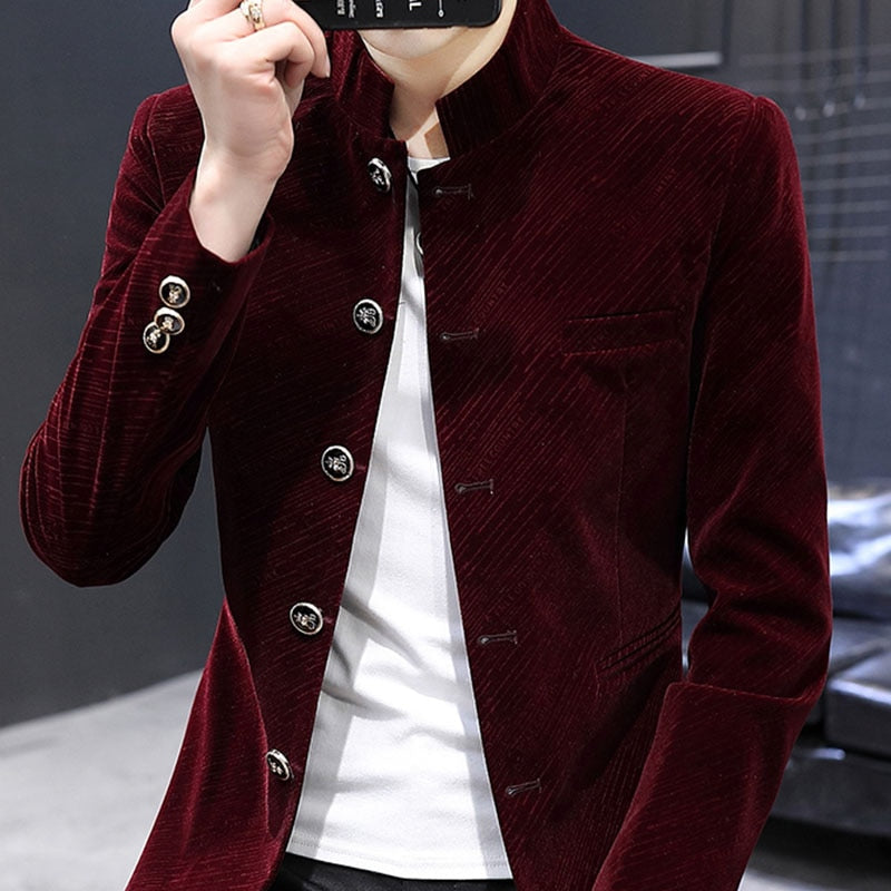 Men Velvet Tunic Suit Jacket Mandarin Stand Collar Striped Casual Blazers 2021 New Slim Fit Male Coat Outerwear