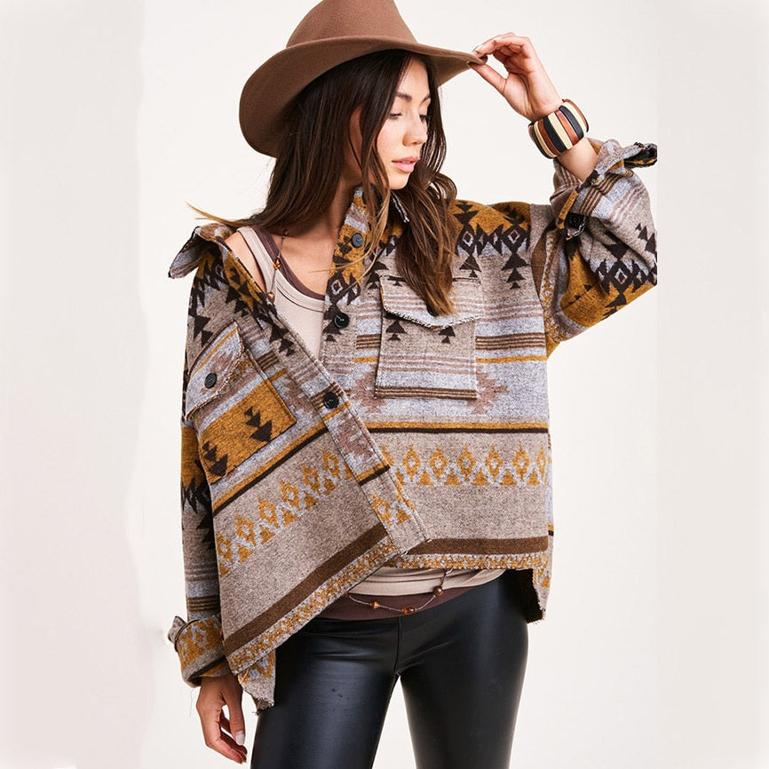 Beautiful Vintage Jacket Women Splicing Loose Jacket Denim Print Aztec Retro Ethnic Style Long Sleeved Shirt Streetwear Female Goth Coat