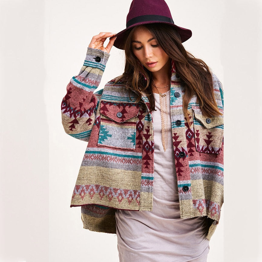 Beautiful Vintage Jacket Women Splicing Loose Jacket Denim Print Aztec Retro Ethnic Style Long Sleeved Shirt Streetwear Female Goth Coat