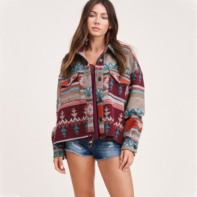 Beautiful Vintage Jacket Women Splicing Loose Jacket Denim Print Aztec Retro Ethnic Style Long Sleeved Shirt Streetwear Female Goth Coat