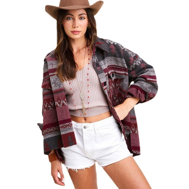 Beautiful Vintage Jacket Women Splicing Loose Jacket Denim Print Aztec Retro Ethnic Style Long Sleeved Shirt Streetwear Female Goth Coat