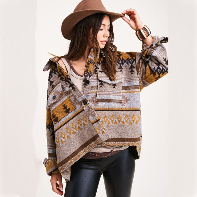 Beautiful Vintage Jacket Women Splicing Loose Jacket Denim Print Aztec Retro Ethnic Style Long Sleeved Shirt Streetwear Female Goth Coat