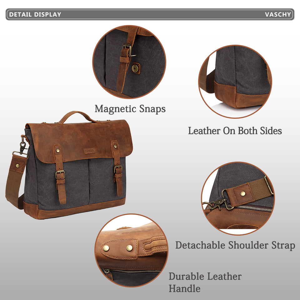 Premium Quality VASCHY Casual Unisex Briefcase Business Messenger Bag Cowhide Leather Canvas Shoulder Bag 15.6 inch Laptop Handbag for Men/Women