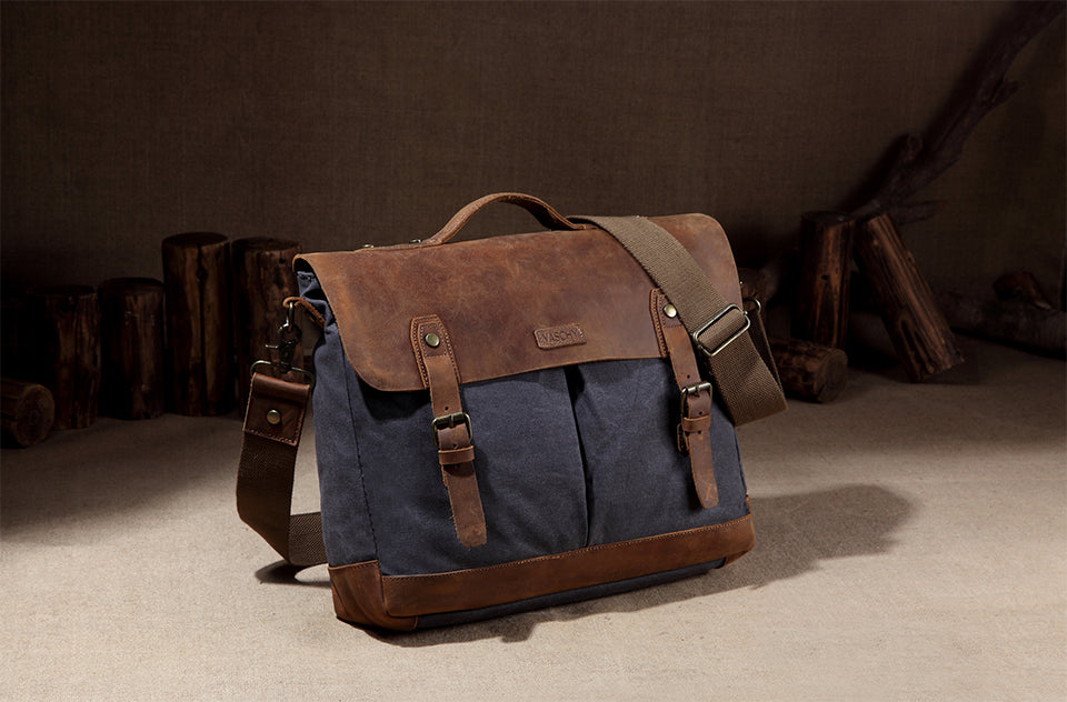 Premium Quality VASCHY Casual Unisex Briefcase Business Messenger Bag Cowhide Leather Canvas Shoulder Bag 15.6 inch Laptop Handbag for Men/Women
