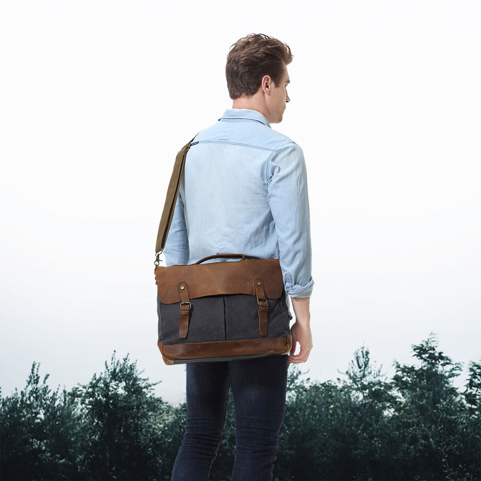 Premium Quality VASCHY Casual Unisex Briefcase Business Messenger Bag Cowhide Leather Canvas Shoulder Bag 15.6 inch Laptop Handbag for Men/Women