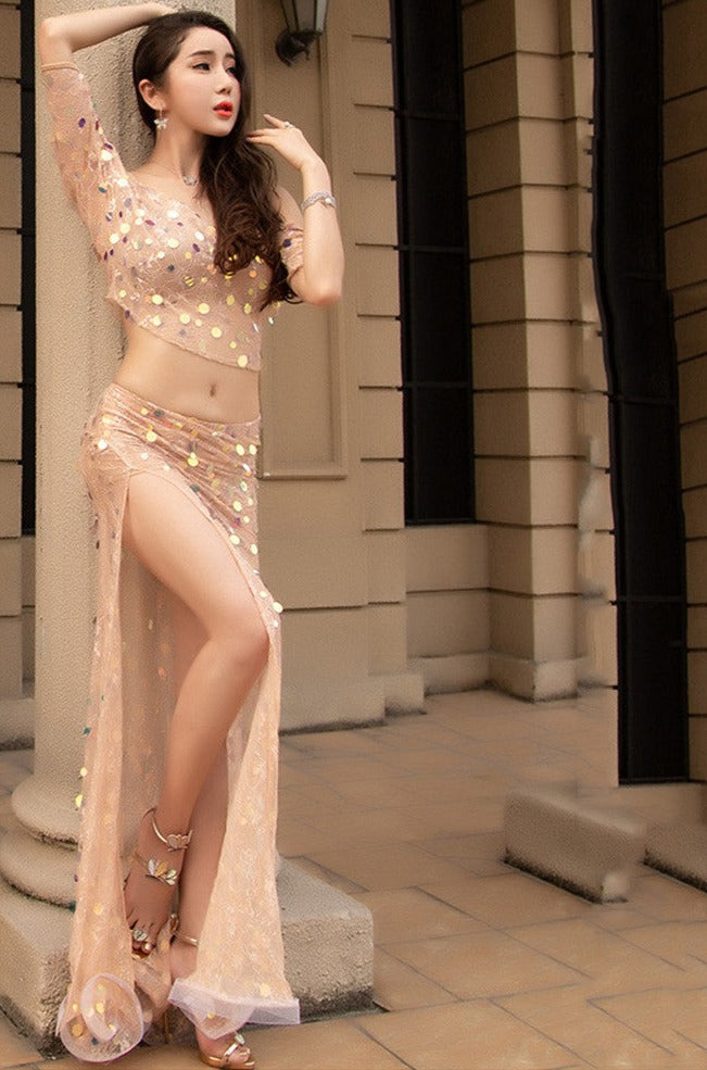 Women Belly Dance Summer Word Collar Sling Slit Dress Competition Set Top+Skirt 2cps Belly Dance Dance Set
