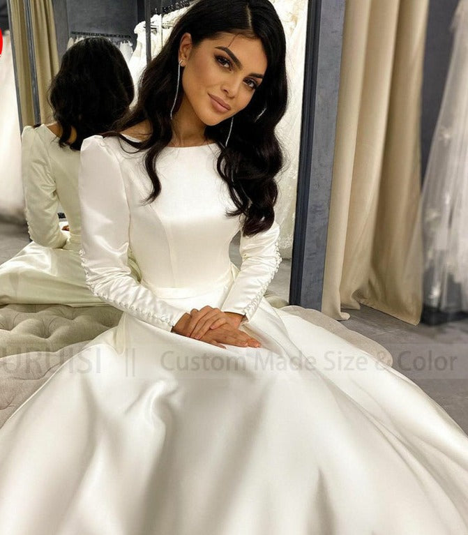 Beautiful Long Puff Sleeves Wedding Dress Matte Satin A Line Bride Gown
