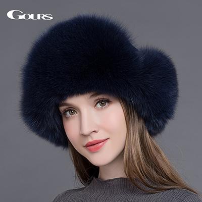 Gours Fur Hat for Women Natural Raccoon Fox Fur Russian Ushanka Hats Winter Thick Warm Ears Fashion Bomber Cap Black New Arrival