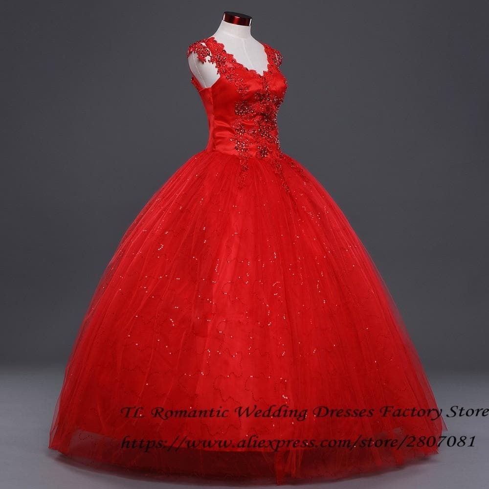 Red White Crystal V-neck Wedding Gowns Plus size Princess Lace Bride Frocks Dress