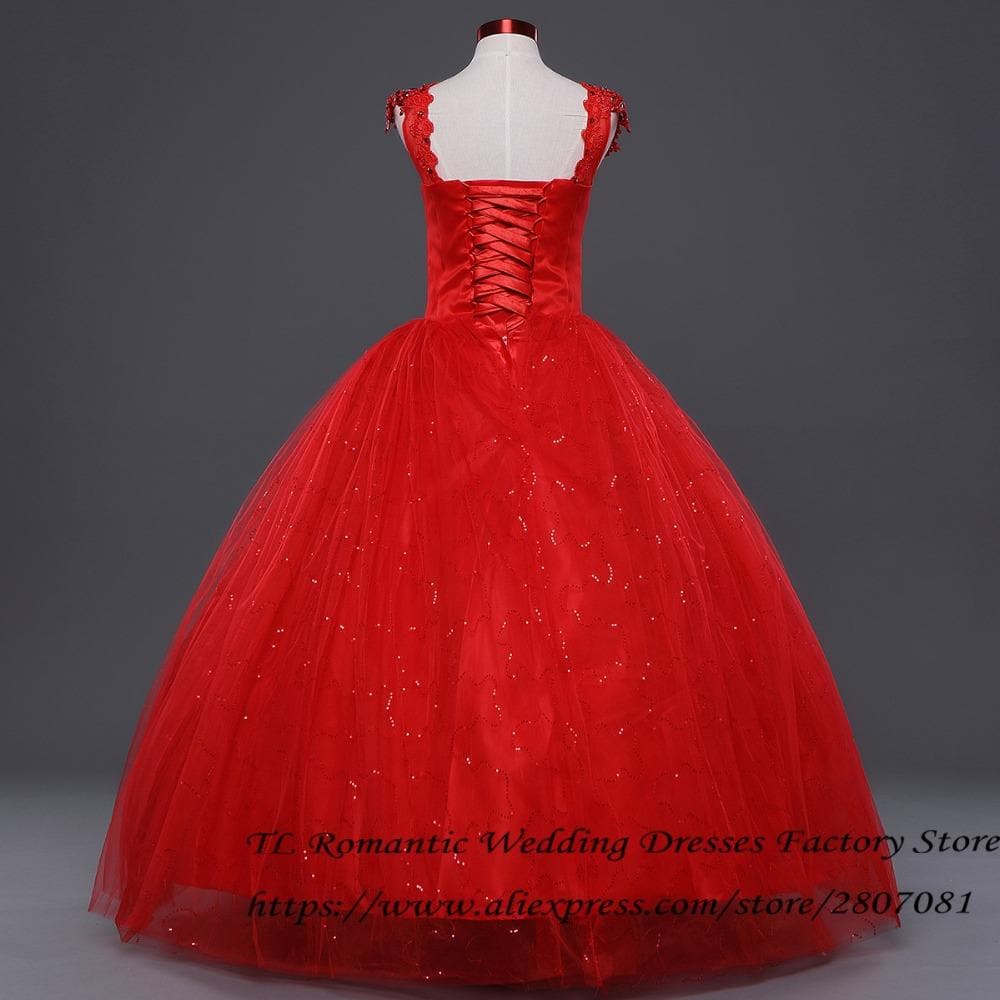 Red White Crystal V-neck Wedding Gowns Plus size Princess Lace Bride Frocks Dress