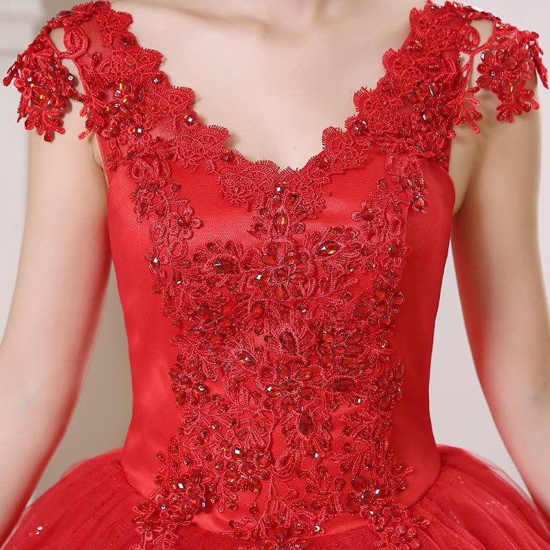 Red White Crystal V-neck Wedding Gowns Plus size Princess Lace Bride Frocks Dress