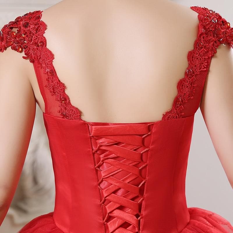 Red White Crystal V-neck Wedding Gowns Plus size Princess Lace Bride Frocks Dress