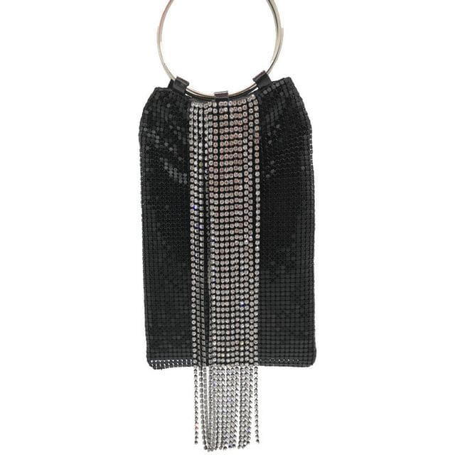 Boutique De FGG Dazzling Silver Crystal Tassel Women Aluminum Evening Purse Cocktail Party Wristlets Clutch Handbag