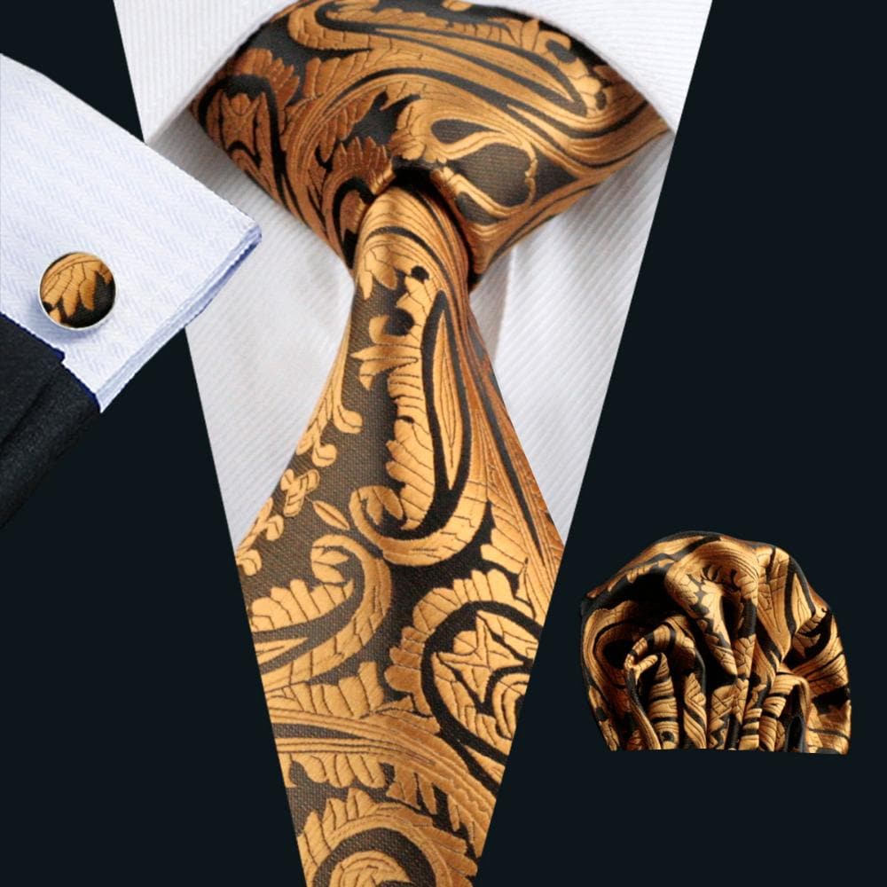 LS-988 New Arrive Mens Tie Yellow Paisley 100% Silk Jacquard Woven NeckTie Hanky Cufflink Set For Men Formal Wedding Party
