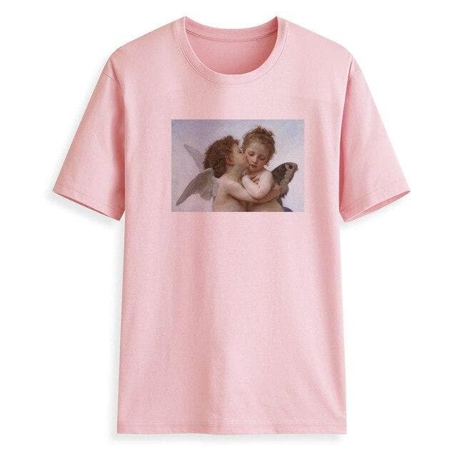 Hillbilly Kawaii ANGELS KISS ART PAINT WHITE Pink COTTON T-SHIRT Plus Size Short Sleeve Top Quality Women Harajuku T shirts Tees