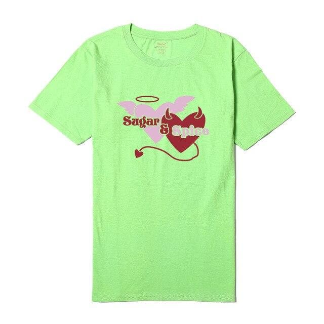 Hillbilly Women's Short Sleeve O-Neck White T-shirts Cute Devil Heart Fashion T Shirts Casual Sugar Spice Unisex Clothing Tops