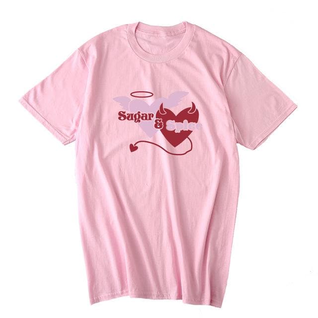 Hillbilly Women's Short Sleeve O-Neck White T-shirts Cute Devil Heart Fashion T Shirts Casual Sugar Spice Unisex Clothing Tops