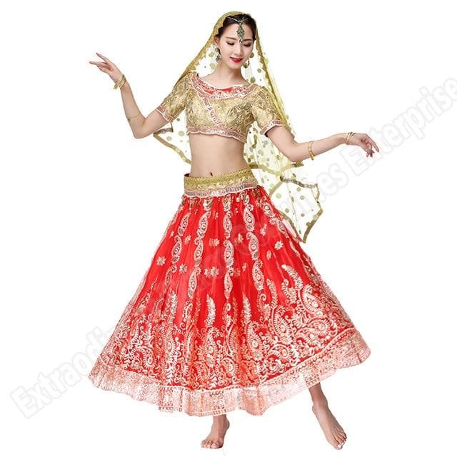 New Bollywood Belly Dance Costume Indian Dresses For Women Dancing Suit Tops Performance Veils 4pcs Set Top Belt Skirt Sari (No return and no refund on this item)