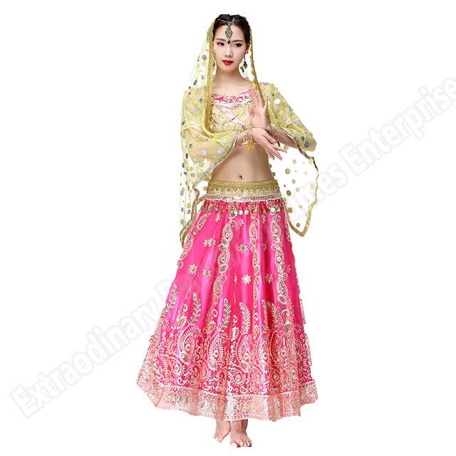 New Bollywood Belly Dance Costume Indian Dresses For Women Dancing Suit Tops Performance Veils 4pcs Set Top Belt Skirt Sari (No return and no refund on this item)