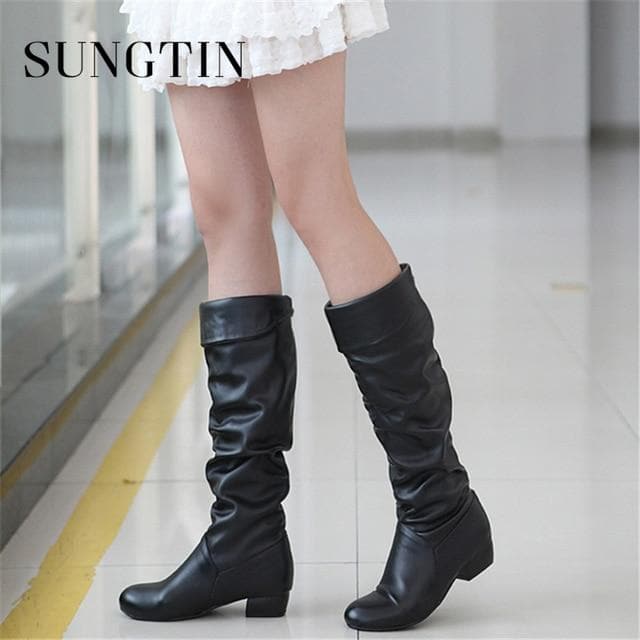 PU Leather Knee High Classic Flat Boots