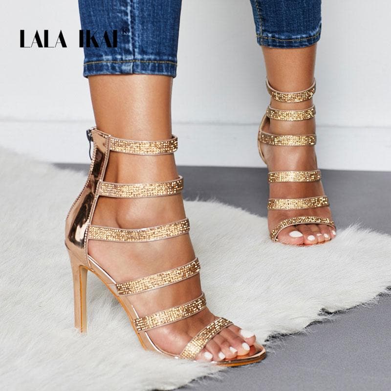 LALA IKAI Gladiator Sandals Women High Heels Crystal Zipper Party Shoes Summer Rhinestone Ladies Sandalie Female 014C3396-4