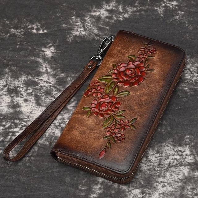 Women Natural Skin Long Wallet Money Handy Bag ID Card Holder Embossed Floral Genuine Leather Zipper Clutch Wrist Bags Purse