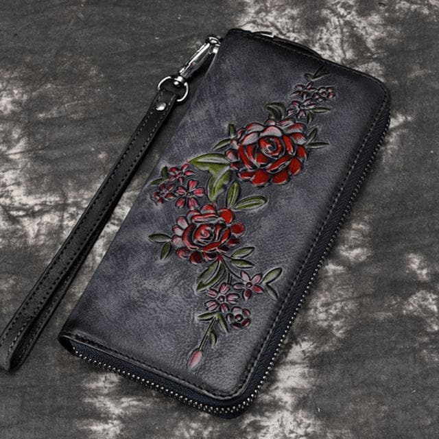 Women Natural Skin Long Wallet Money Handy Bag ID Card Holder Embossed Floral Genuine Leather Zipper Clutch Wrist Bags Purse