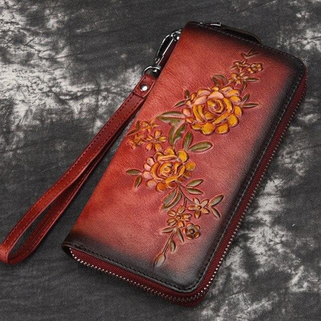 Women Natural Skin Long Wallet Money Handy Bag ID Card Holder Embossed Floral Genuine Leather Zipper Clutch Wrist Bags Purse