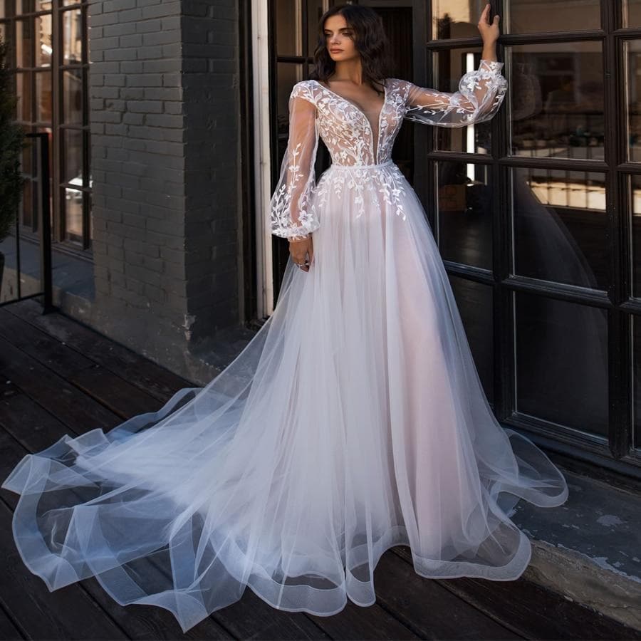 LORIE Boho Wedding Dress Puff Long Sleeves A-Line Appliques Floor Leng GOANGIRL LORIE Boho Wedding Dress Puff Long Sleeves A-Line Appliques Floor Leng GOANGIRL