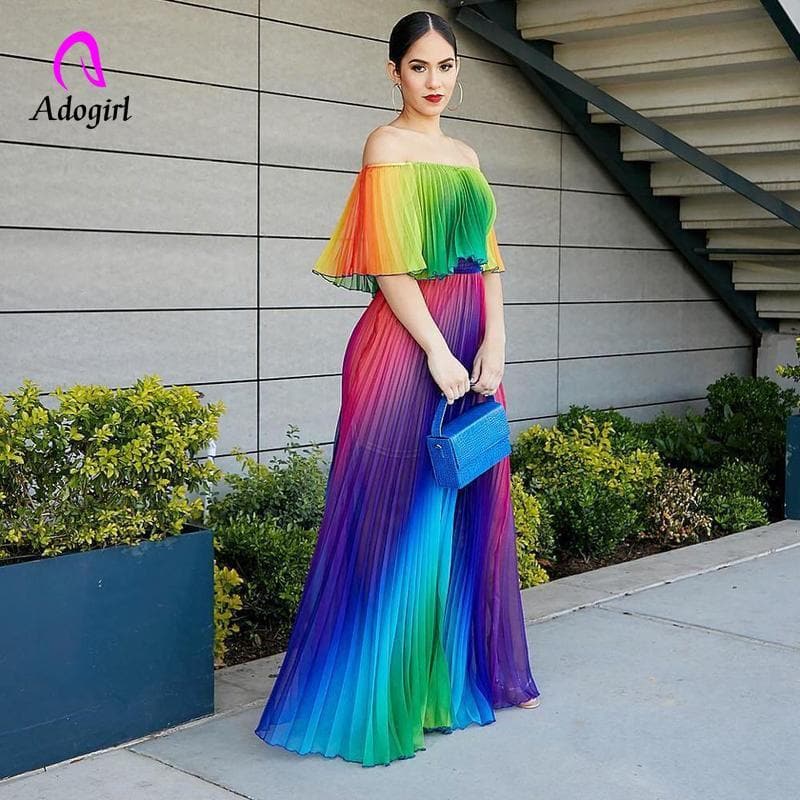 Off Shoulder Rainbow Color Elegant Women Dress Chiffon Summer Maxi Dress A-line Floor Length Femme Pleated Dress Vestidos