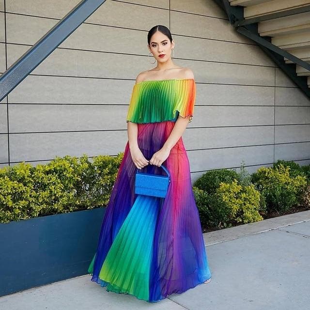Off Shoulder Rainbow Color Elegant Women Dress Chiffon Summer Maxi Dress A-line Floor Length Femme Pleated Dress Vestidos