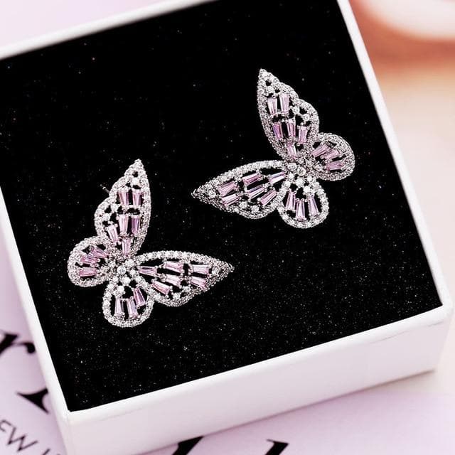 Zircon Butterfly Stud Earrings for Women Girls Silver Gold Pink Blue Color Fashion Wedding Earring pendientes mujer moda