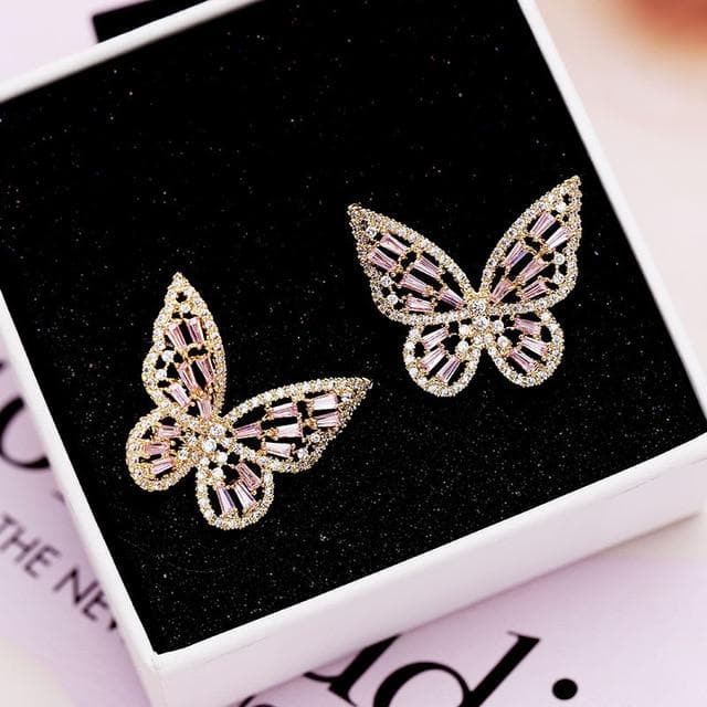 Zircon Butterfly Stud Earrings for Women Girls Silver Gold Pink Blue Color Fashion Wedding Earring pendientes mujer moda