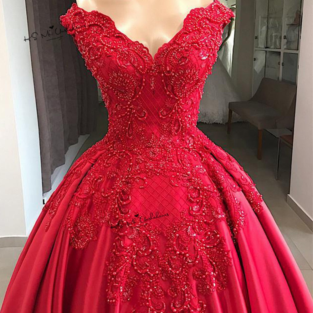 Premium Collections - Designer Vintage Red Wedding Dress Lace Beaded Church Bride Dresses Custom Made off Shoulder Wedding Gowns