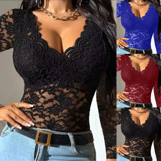 New Women Slim Tunic Lace V Neck T-shirt Elegant Summer Long Sleeve Flower Embroidery See-through Shirt Tops Blouse
