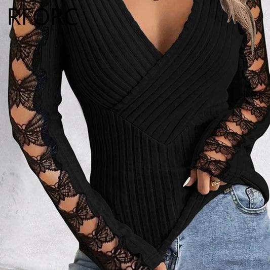 Women Deep V Neck Wrap Lace Bow Hollow Out  Knitting Basic Black Blouse Top
