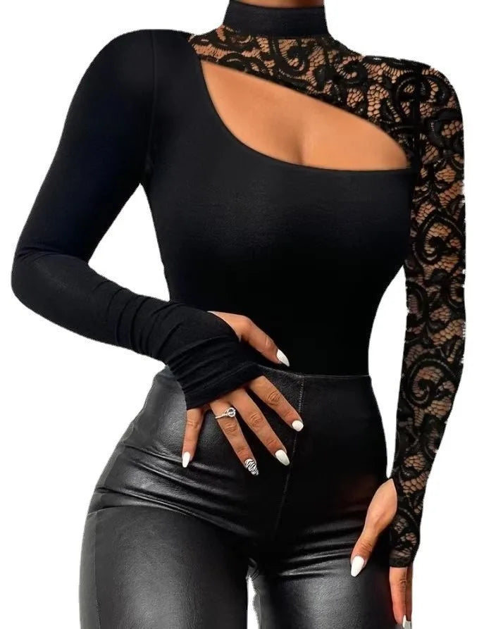Women's Shirts Spring Fall Sexy Off Shoulder Lace Irregular Long Sleeve Black Tops O-neck Ladies Elegant Blouse T-shirt