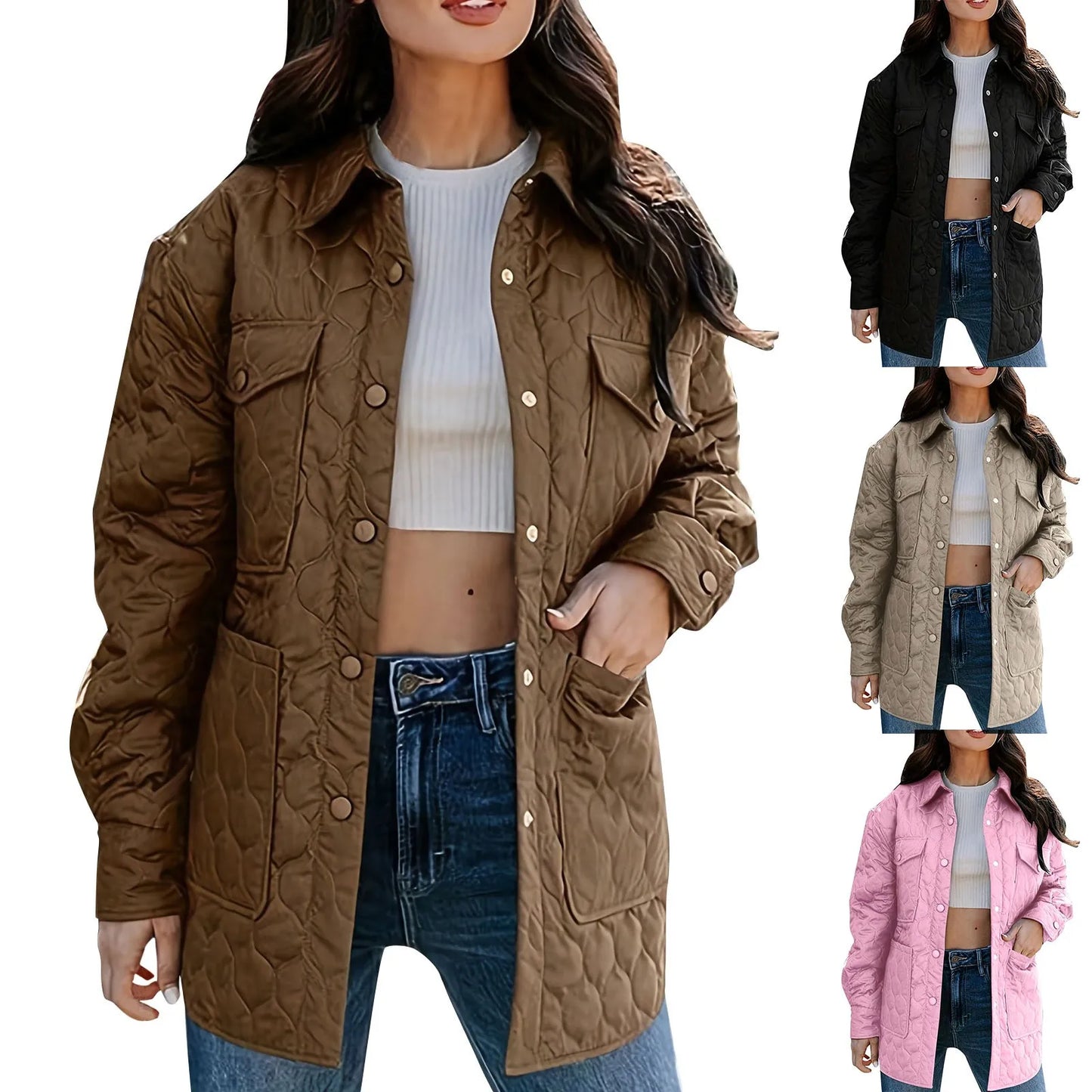 Winter Coat Quilted Jackets For Women Lightweight Long Sleeve Single Breasted Button Down Jacket Warm Outerwear With Pockets