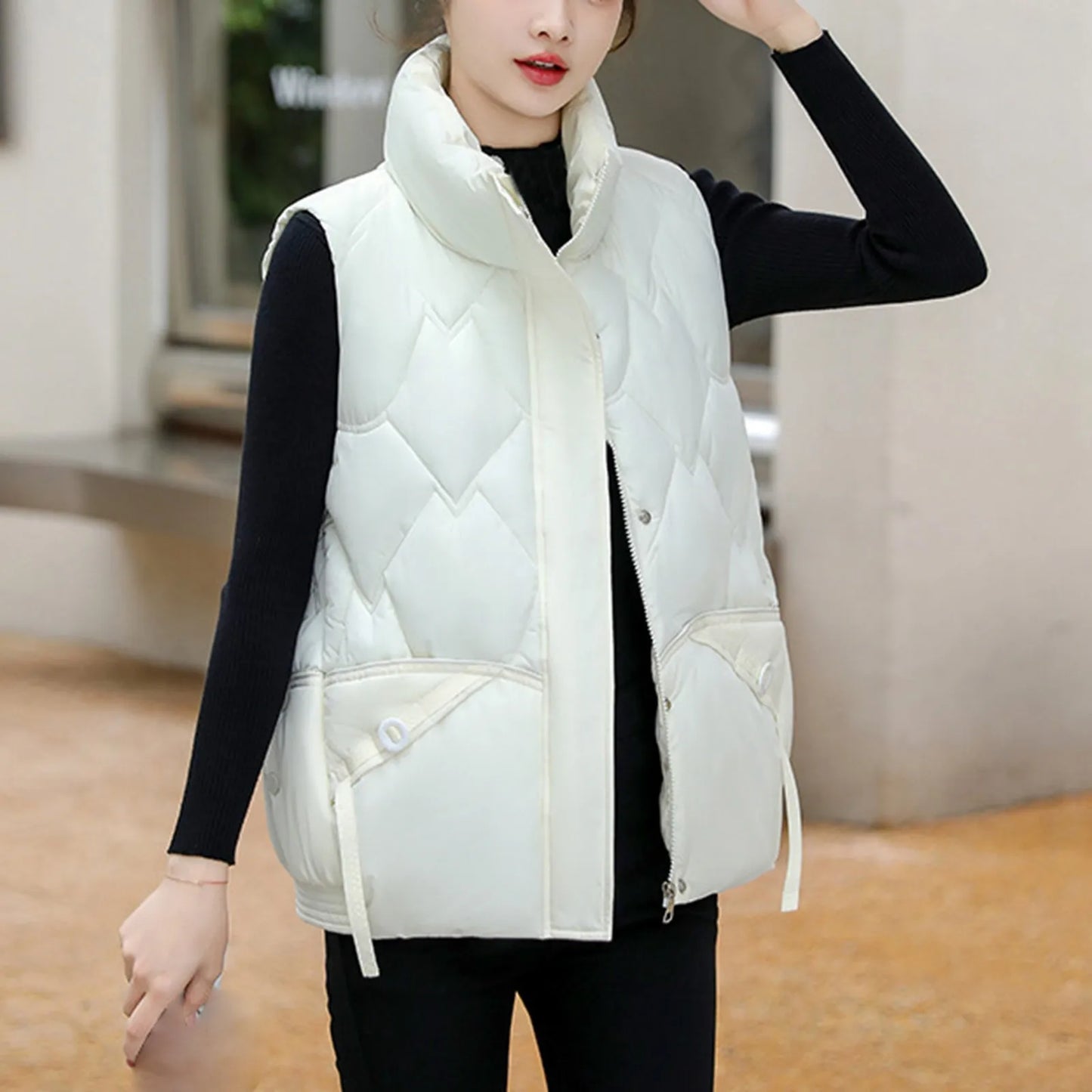 Fall Winter Jacket For Women Loose Thicken Coat Solid Standing Collar Vest