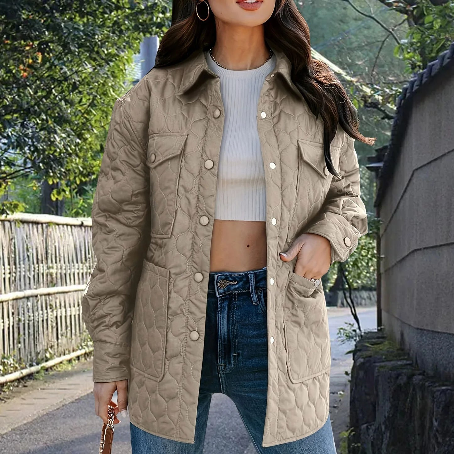 Winter Coat Quilted Jackets For Women Lightweight Long Sleeve Single Breasted Button Down Jacket Warm Outerwear With Pockets