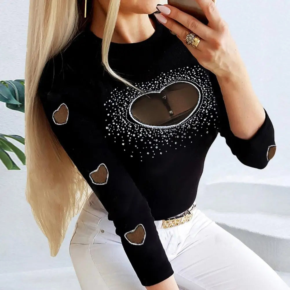 Woman Sexy Blouses Spring/ Fall Hollow Heart Velvet Patchwork Ribbed Knitted O-Neck Contrast Binding Ruffles Cold Shoulder Top