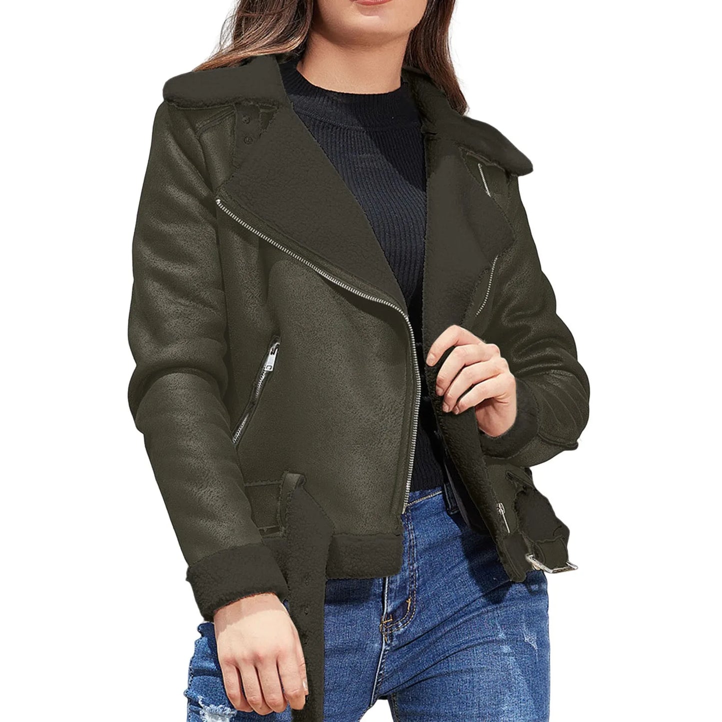 Winter Women Coat Thick Warm Suede Lamb Jacket Short Motorcycle Coats Faux Shearling Sheepskin Leather Jackets Chic Outwear