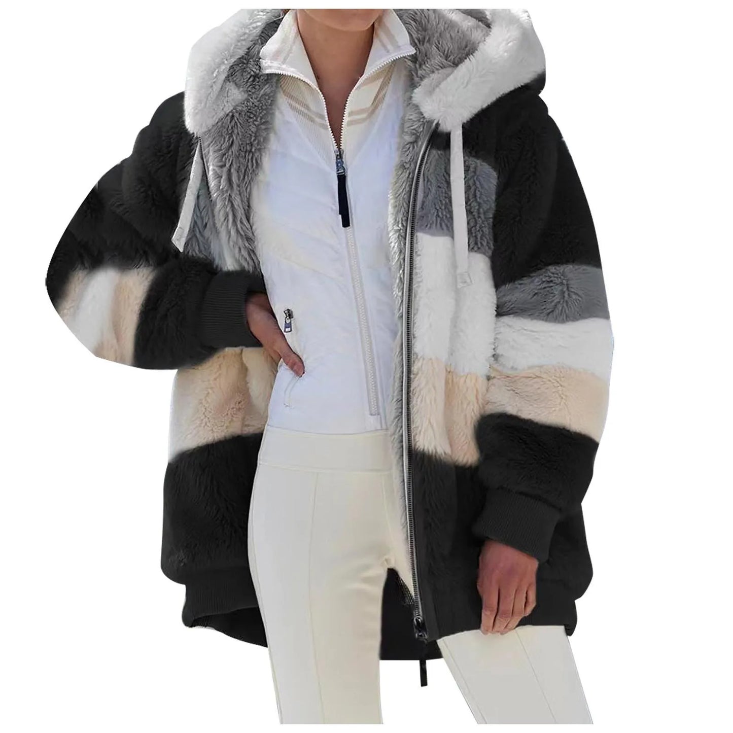 Womens Plush Jacket Fashion Splicing Loose Plush Long Sleeve Zipper Pocket Fall/winter Hooded Zipper Coat Thick High Quality
