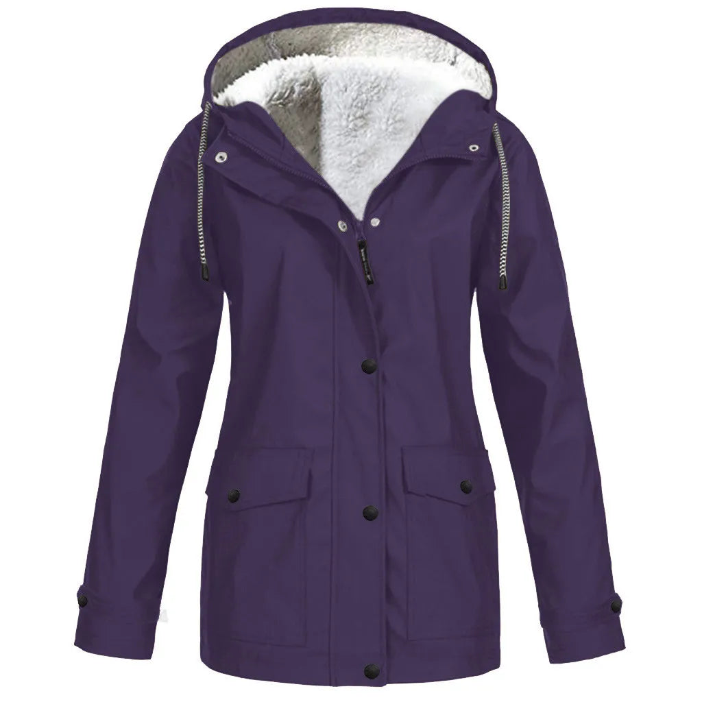 Women Outdoor Waterproof Rain Jacket Trench Coats Plus Size Windproof Hooded Coat Windbreaker Casual Zip Up Drawstring Jackets
