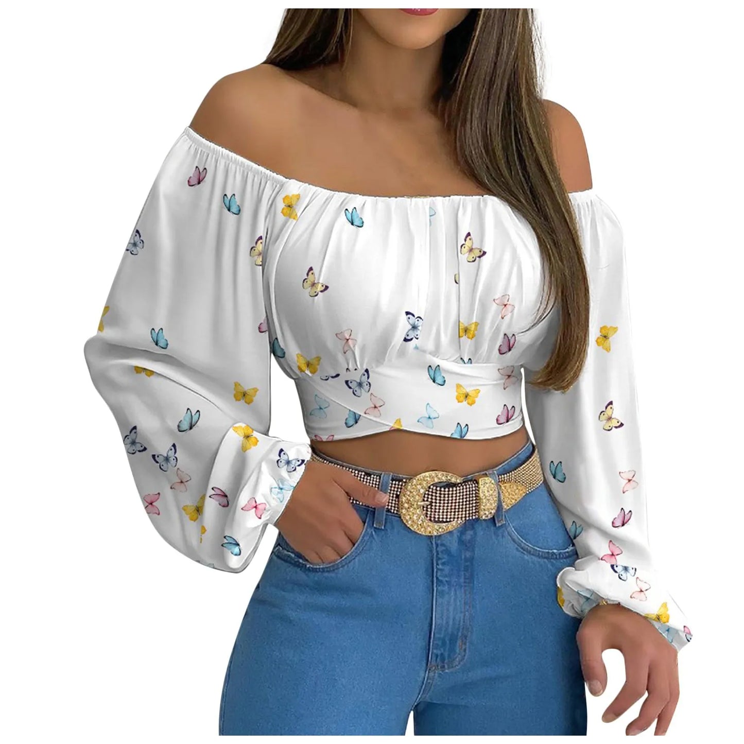 Women Sexy Off Shoulder Printing Blouses Chic and Elegant Lantern Long Sleeve Lace Up Bow Cropped Tops Casual Slim Shirts