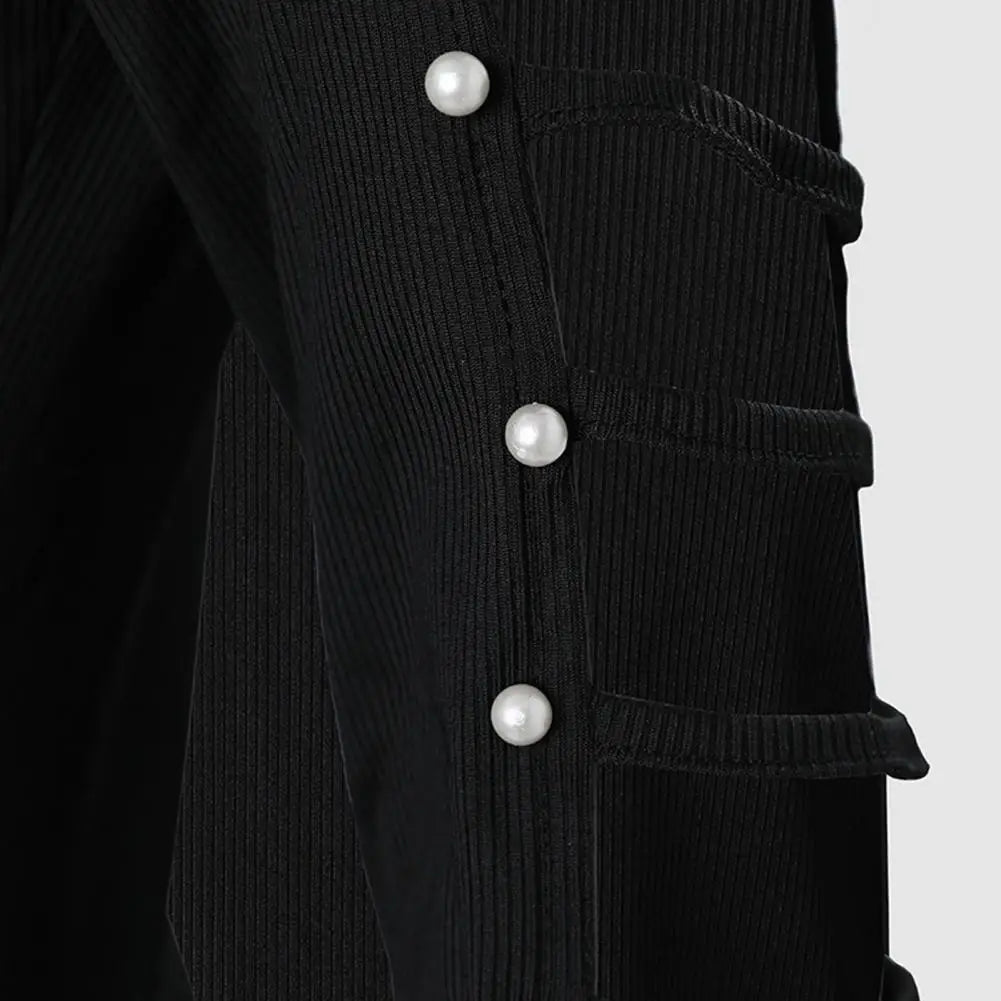 Woman Sexy Blouses Spring/ Fall Hollow Heart Velvet Patchwork Ribbed Knitted O-Neck Contrast Binding Ruffles Cold Shoulder Top