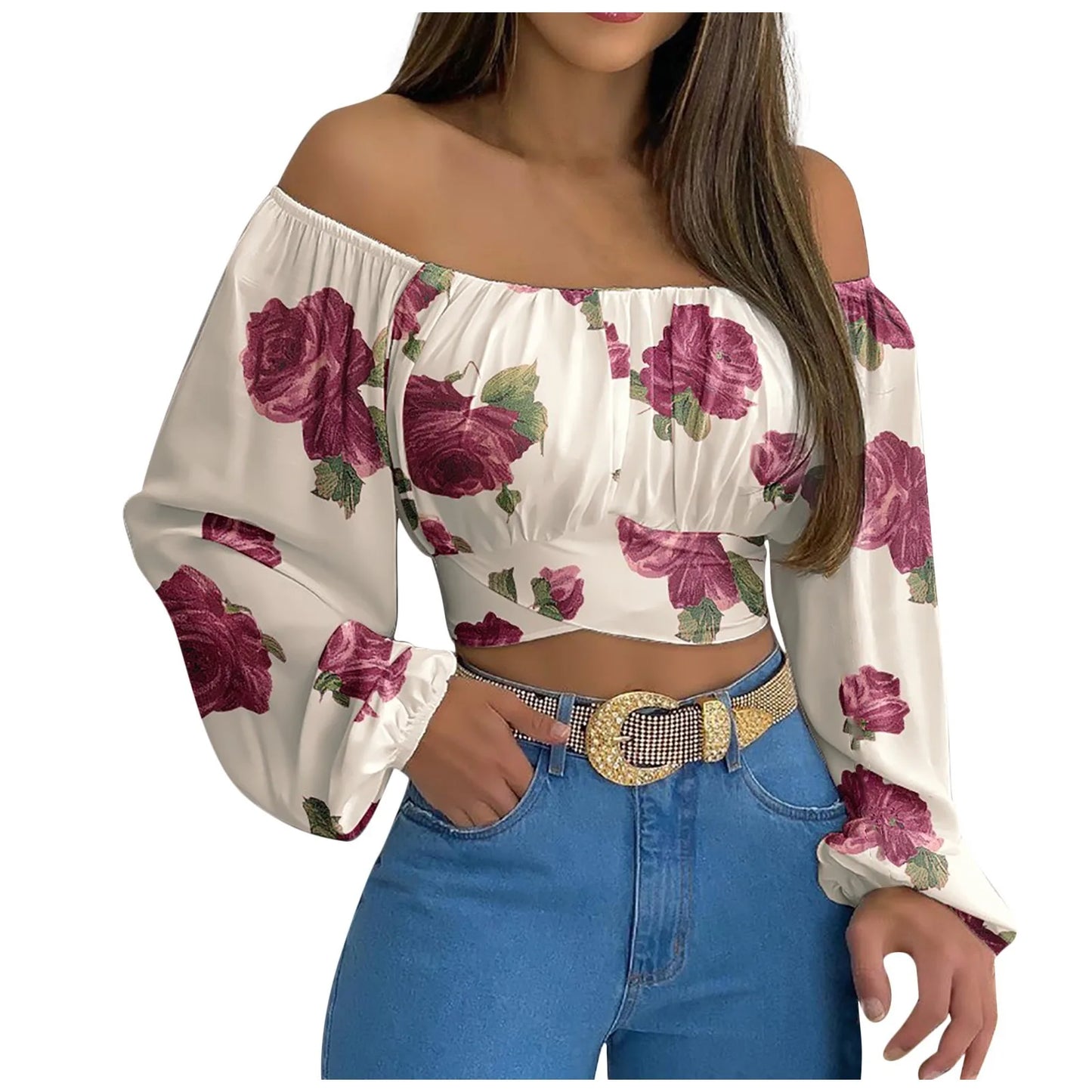 Women Sexy Off Shoulder Printing Blouses Chic and Elegant Lantern Long Sleeve Lace Up Bow Cropped Tops Casual Slim Shirts
