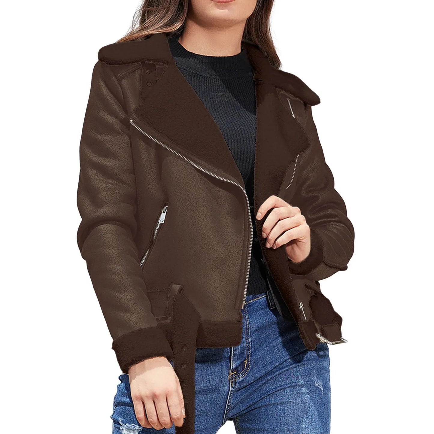 Winter Women Coat Thick Warm Suede Lamb Jacket Short Motorcycle Coats Faux Shearling Sheepskin Leather Jackets Chic Outwear