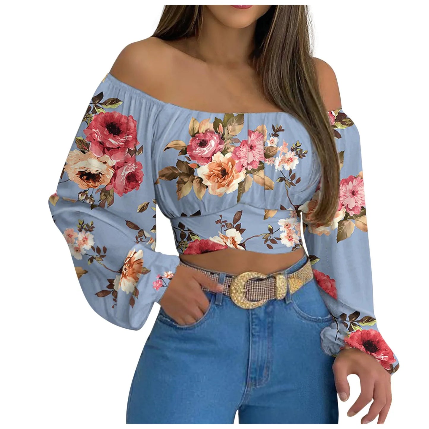Women Sexy Off Shoulder Printing Blouses Chic and Elegant Lantern Long Sleeve Lace Up Bow Cropped Tops Casual Slim Shirts