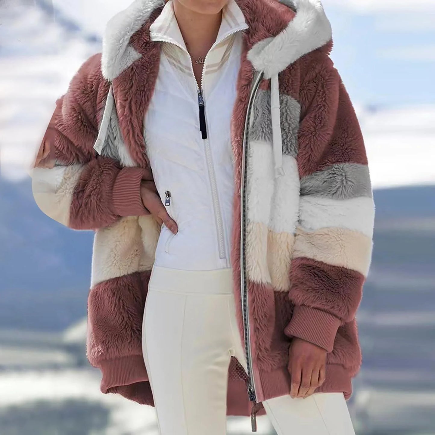 Womens Plush Jacket Fashion Splicing Loose Plush Long Sleeve Zipper Pocket Fall/winter Hooded Zipper Coat Thick High Quality